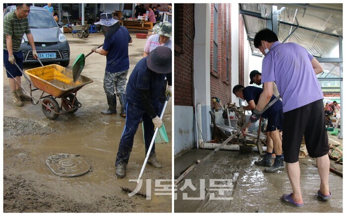 충북노회 목회자들과 옥천군기독교연합회 소속 목회자들이 수해를 당한 하동교회를 돕기 위해 나섰다. 목회자들은 예배당을 청소하고 침수된 사택을 수리하며 구슬땀을 흘렸다. 