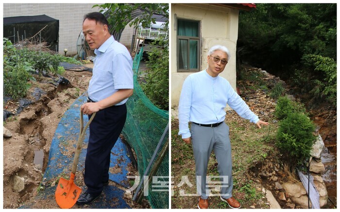 충남 금산의 영광교회와 삼가교회도 수해를 당했다. 영광교회 손우정 목사(사진 왼쪽)가 토사가 쏟아진 에배당 뒤쪽 상황을 설명하고 있다. 삼가교회 정요석 목사가 예배당 옆 계곡물의 범람으로 축대가 무너지고 예배당 침수를 당한 것을 설명하고 있다. 