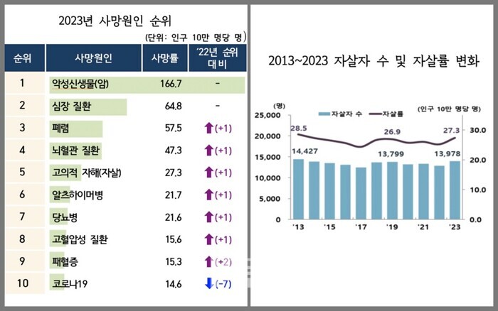 통계청이 지난 4일 '2023년 사망원인통계 결과'를 발표했다. 2022년과 비교해 코로나19 바이러스로 인한 사망자가 크게 감소한 가운데, 자살로 인한 사망자가 예상보다 더 높게 나타났다. (그래픽=통계청)