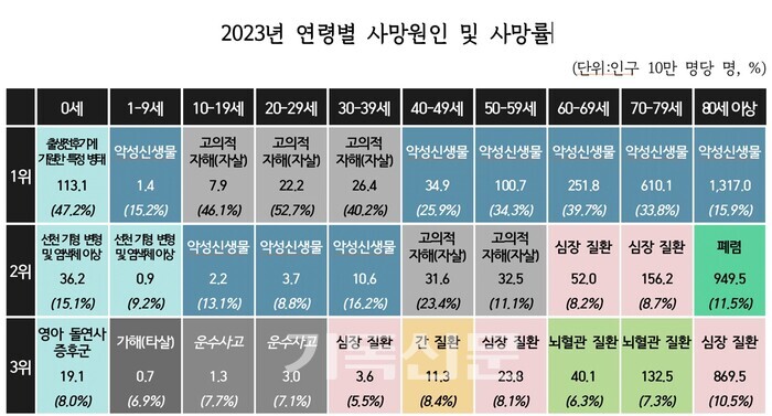 통계청에서 발표한 '2023년 사망원인통계 결과'에서 연령별 사망원인 1~3위 순위. 자살로 인한 사망자가 크게 늘어난 가운데, 청소년과 청년의 사망원인 1위가 자살로 나타났다. (그래픽=통계청)