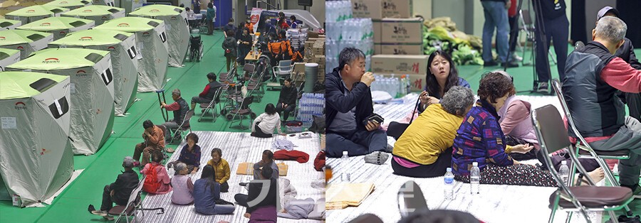 안동체육관에 마련된 임시처소에서 강풍으로 화재가 더욱 확대된다는 소식을 듣고 대피자들이 상황을 걱정하며 하루속히 산불 재난이 끝나기를 기다리고 있다.