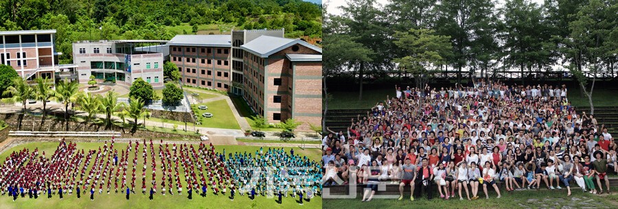 유치부부터 고등부까지 1000여 명의 학생들이 교육받고 있는 인도네시아 홀리비전센터(왼쪽 사진), 전교인 수련회.